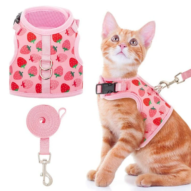 Cat Harness and Leash Set Safe Adjustable Kitten Vest Harnesses Cute Pink Breathable Mesh Jacket Easy Control for Puppy Walking