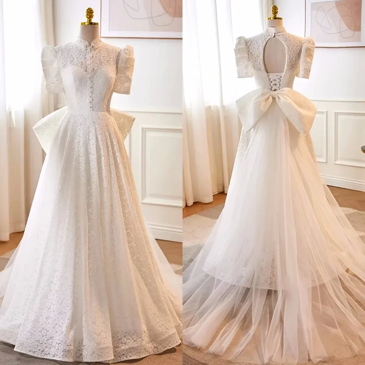 

Женское вечернее платье с вышивкой, белое ТРАПЕЦИЕВИДНОЕ ПЛАТЬЕ большого размера с высоким воротником, полурукавами и бантом на шнуровке, модель B2837 большого размера