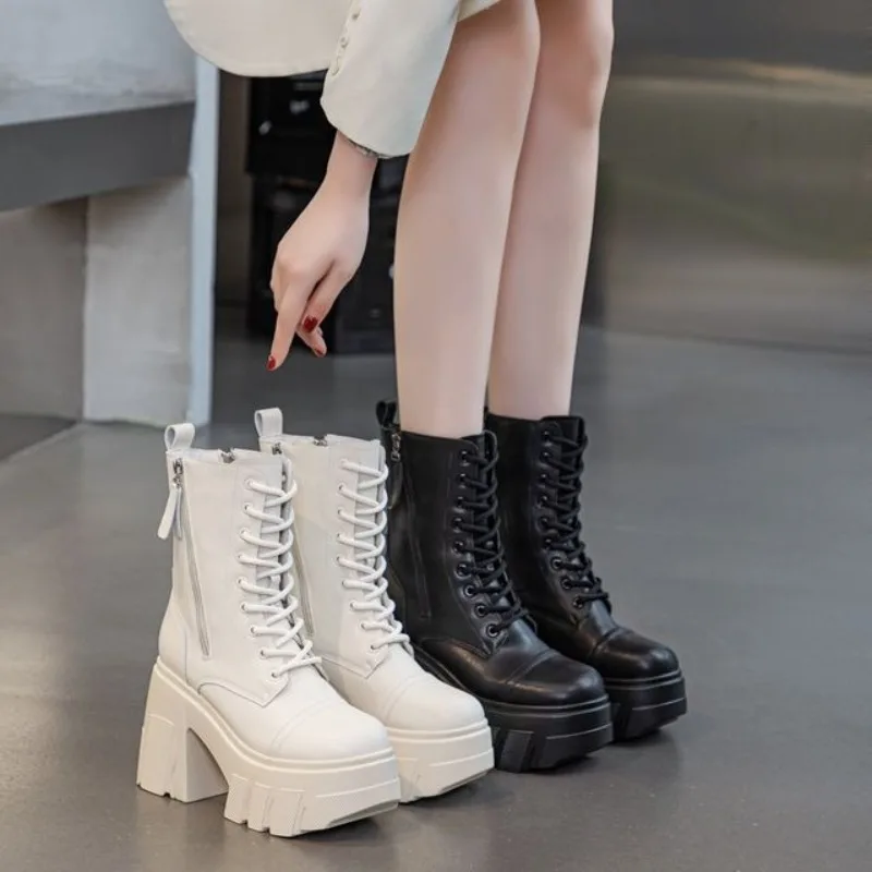 

Small Booties Fall Winter New Round Toe Lace-up Side Zipper Platform Non-Slip Wear-Resistant Block Heel Shoes