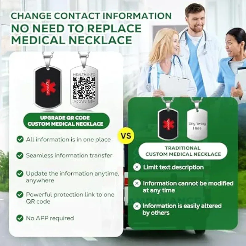 Stainless Steel Medical Alarm ID Necklace Free Carved QR Code Men\'s and Women\'s Identity Tags Emergency Rescue Pendant Jewelry