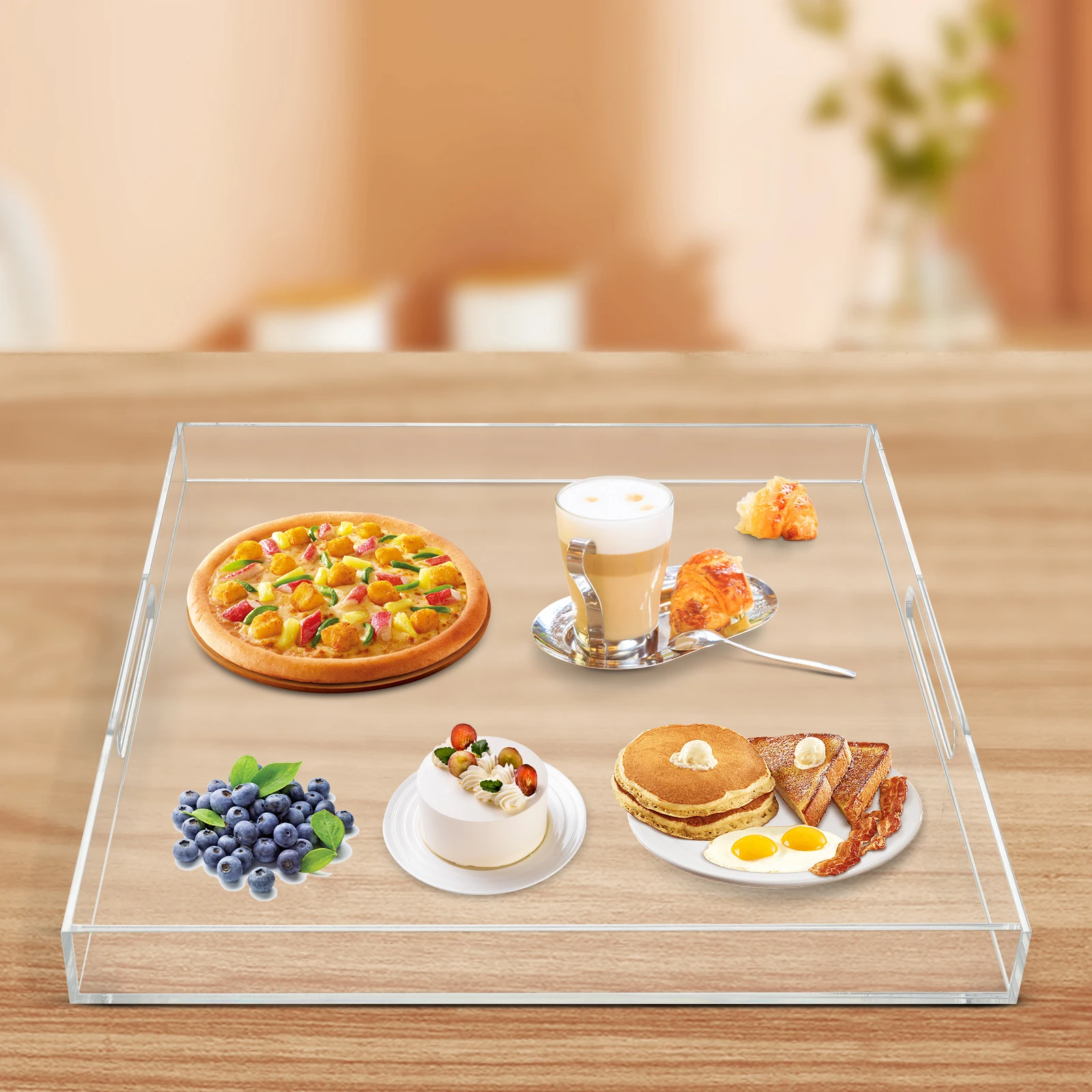 

18.9*18.9 Inch Clear Large Acrylic Serving Tray with Handles Oversize, Decorative Trays Countertop for Desk, Bathroom, Kitchen