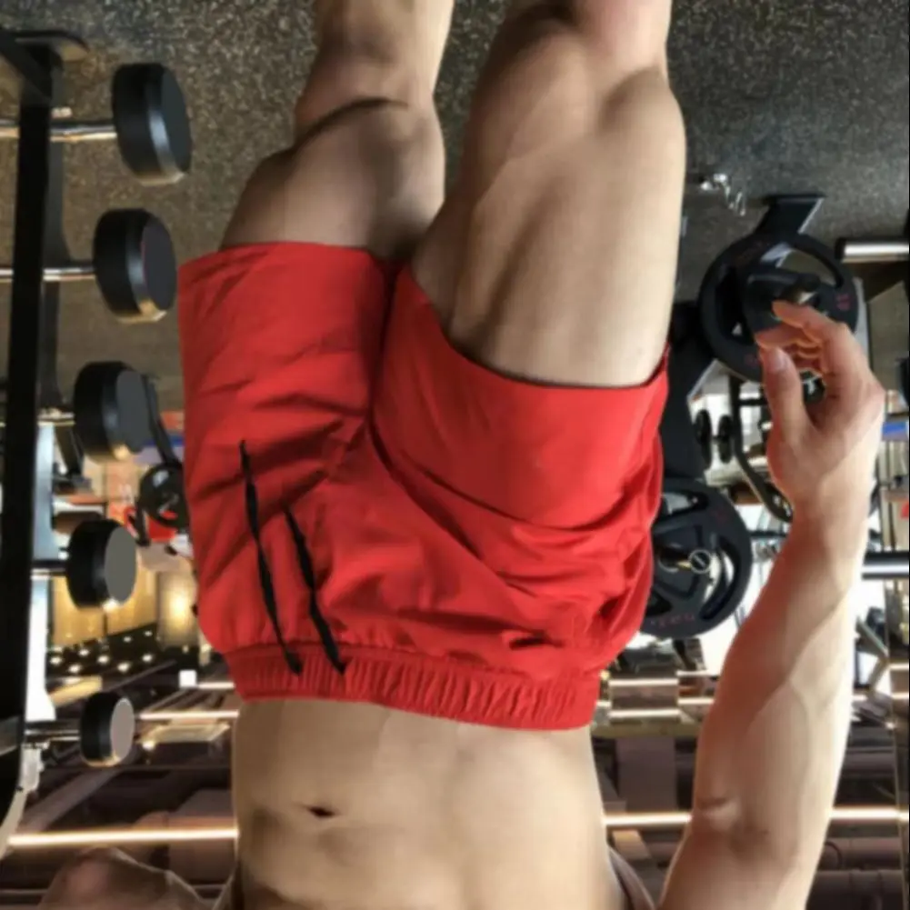 Mid-Rise Elastic Waistband Drawstring Pockets Men Shorts Summer Solid Color Loose Fitness Shorts