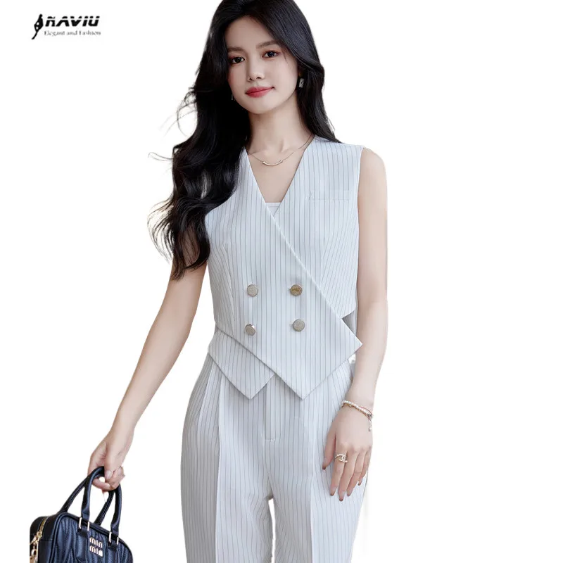 Summer Chic Stripes Office Lady Two Piece Set Women Irregular Bouble Breasted Vest Tops And High Waist Ankle Length Pants Suits