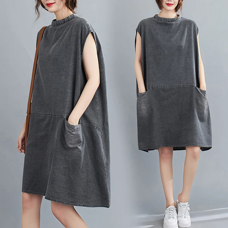 Waed White Denim Svel A-Line Dr round Ne Double ket One Button Large Size Women's Summer Dr Artistic Commu...