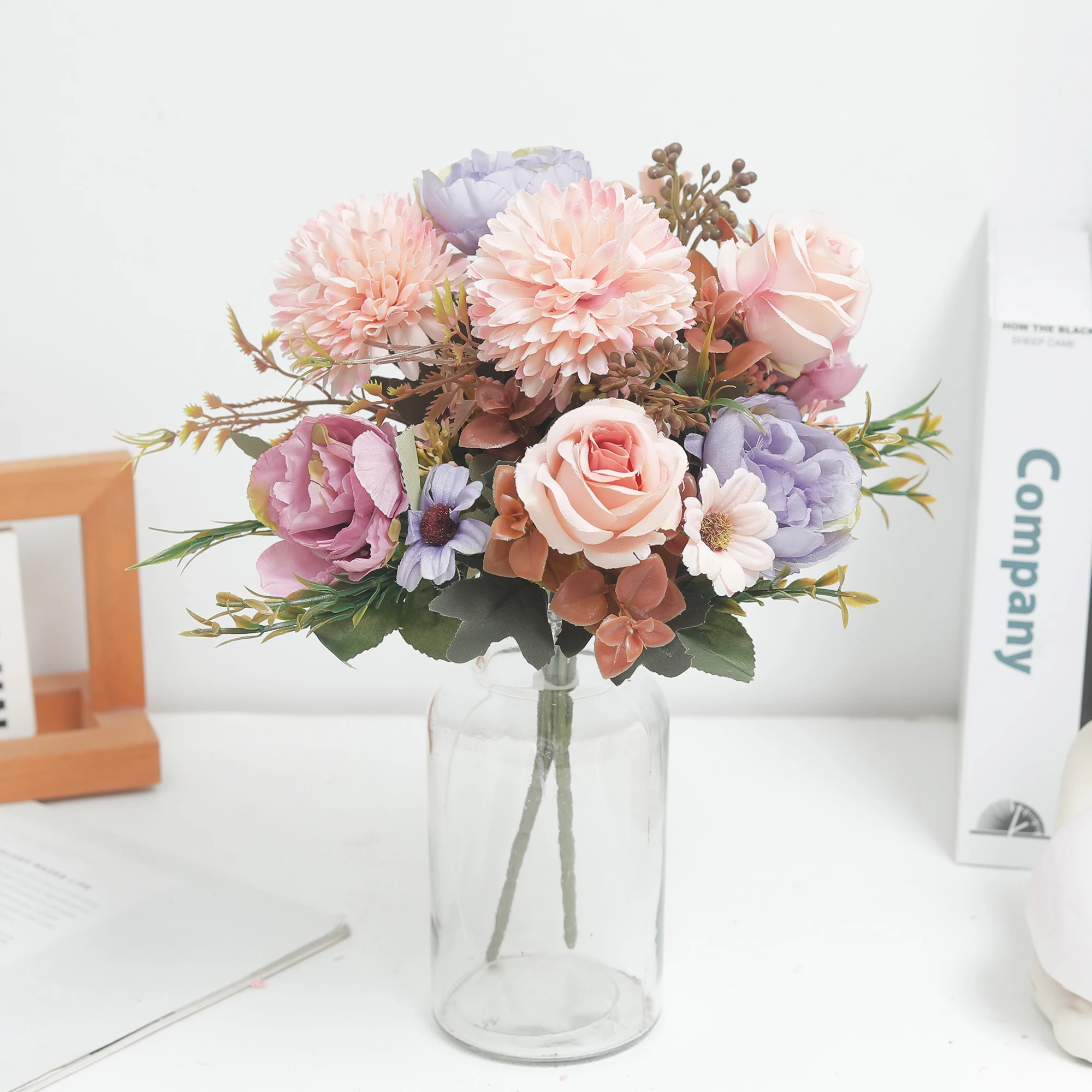 الزهور الاصطناعية الخريف الورود الحرير الفاوانيا الكوبية الإقحوانات ترتيبات الطاولة المنزلية ديكور الزفاف الزفاف زينة عيد الميلاد #4