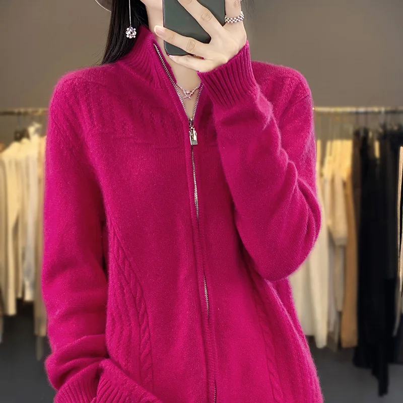 Standing Collar Sweater Women\'s 100% Merino Wool Clothing Cardigan Autumn/Winter Warm Long Sleeve Top Fashion Knitted Loose Jack