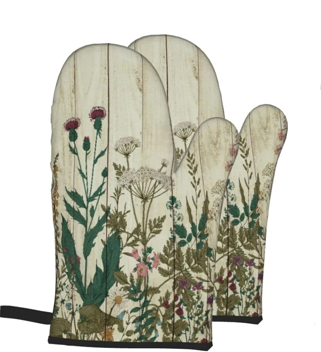 Oven Mitts and Pot Holders Sets of 4 Floral Vintage Floral Herbs and Wild Flowers Botanical Green Leaves Colorful Plants Rustic