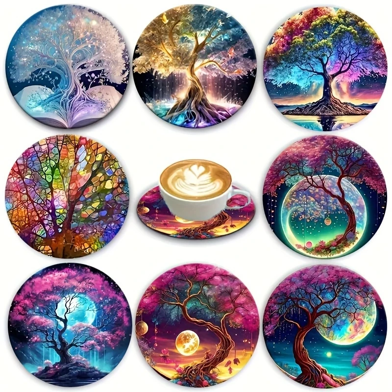 2D Dreamy Colorful Tree of Life Round Wooden Coaster Artistic Design Anti-Slip Protection Home Office Coffee Tea Use Party Gift