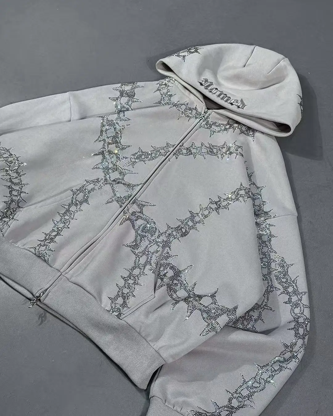 Harajuku العظام نمط الماس مطعمة هوديي الهيب هوب الشرير فضفاض زمم هوديي الرجعية بلوزة كاجوال سترة البلوز الشارع الشهير #4