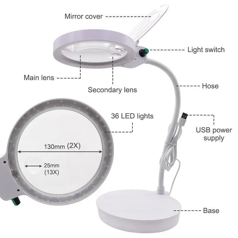 LED Desktop Magnifier USB Charging Reading Light Illuminated Magnifying Glass Adjustable Multifunctional Repair Tool Table Lamp