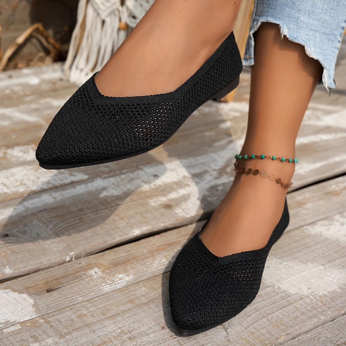 Neue Frauen Spitz Wohnungen Schuhe Casual Atmungsaktive Ballett Turnschuhe Frauen Leichte Einfarbig Gestrickte Slip auf Damen Loafer – Detail 6