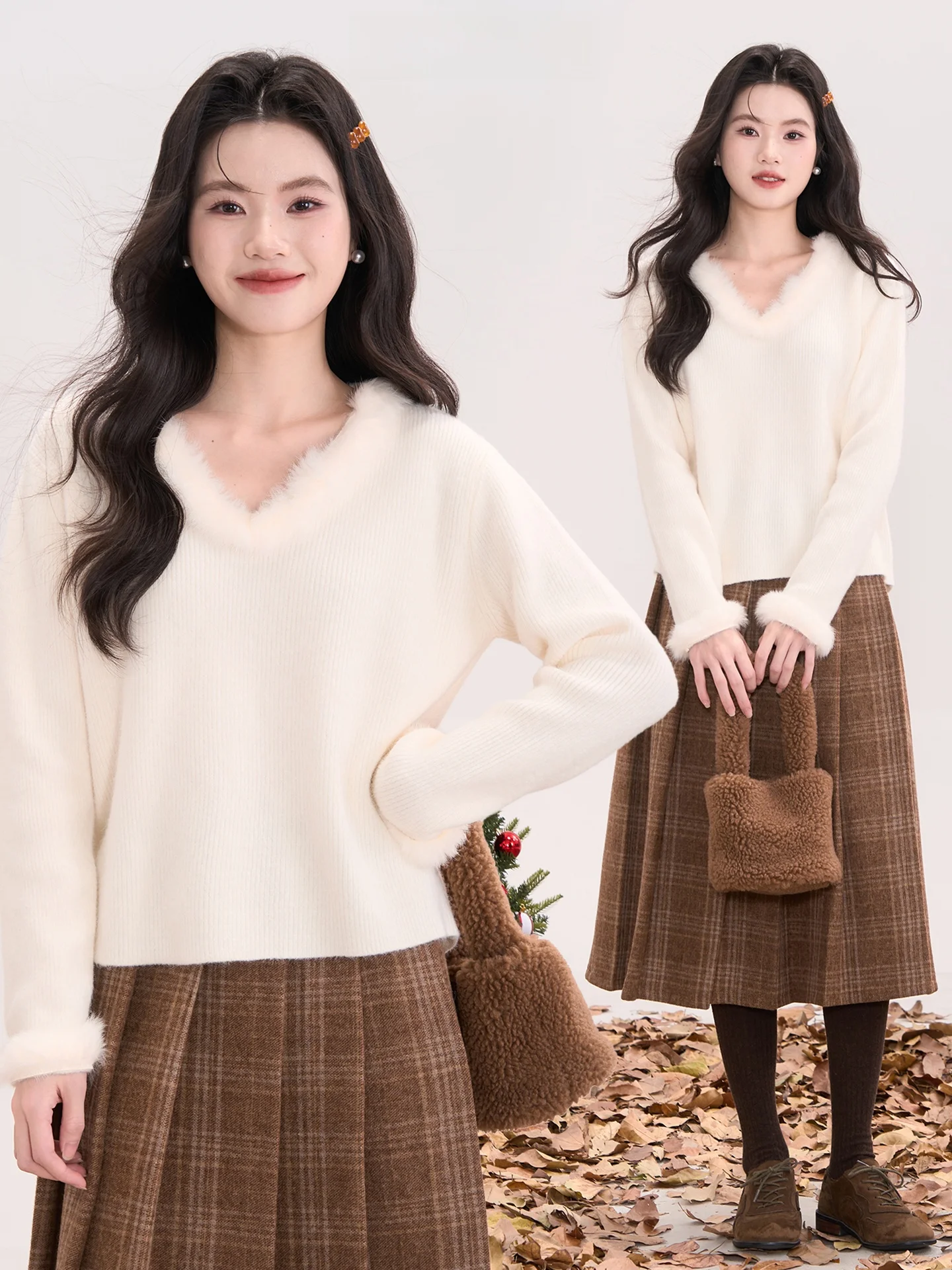 

Ele V-Ne Knitted Sweater Plump Fluffy Princ Sle Long Sve Slim Fit Woolen Top for Women Autumn Winter Faion