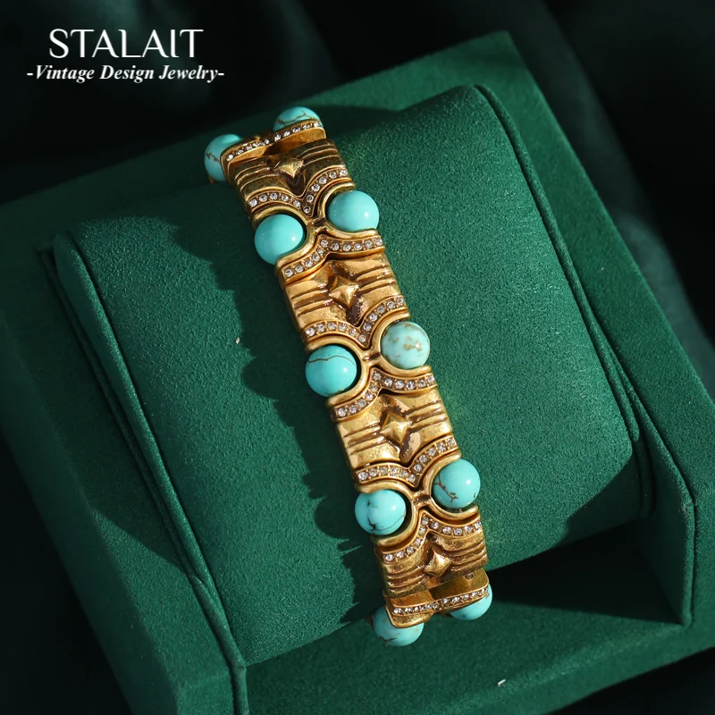 

Vintage Blue Natural Stone Inlaid with Rhinestones Bangle Crystal Wide Bracelets Elastic Bamboo Knot Bohemian Handmade Jewelry