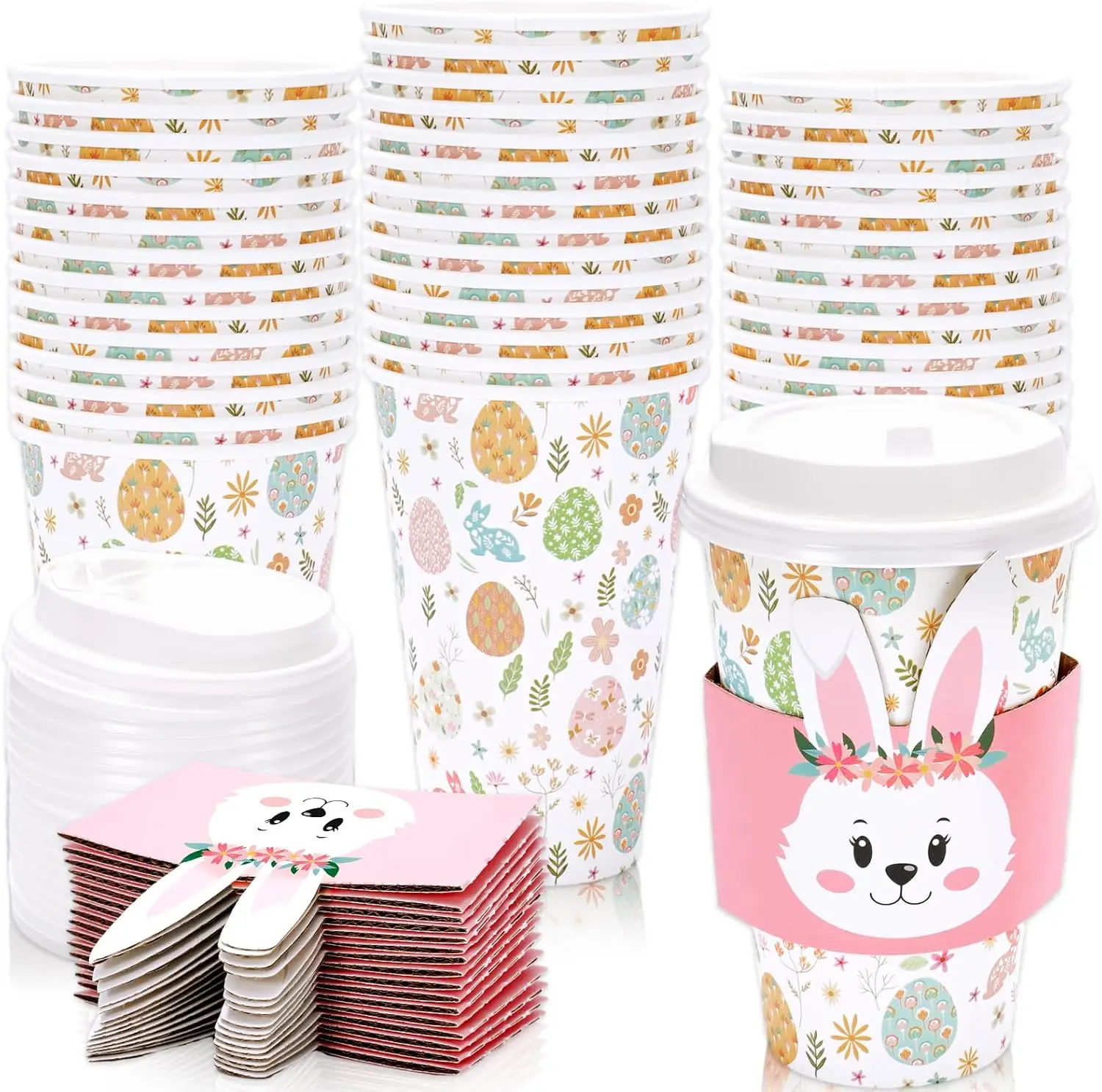 

48 Pack Easter Disposable Coffee Cups with Lids and Sleeves 16 oz Bunny Rabbit Egg Paper Cups Pastel Drinking Cup for Sp