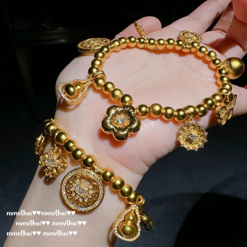 

Traditional Gold Filigree Rose Window Butterfly Gold Bead Bracelet New Chinese Style Rich Woman Wishing Pool Gourd Bracelet