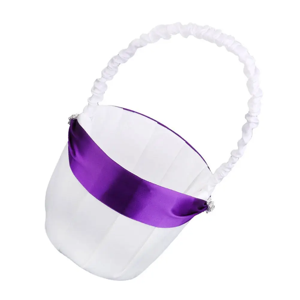Flower Basket White Purple Satin Rhinestone Decoration Diameter 13Cm Height 24Cm for Wedding Ceremony Candy Gift Confetti