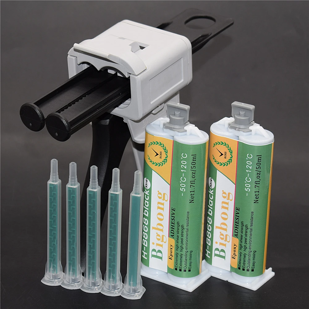 

2pcs Glue High Temperature 1:1 Black AB Glues 50ml Epoxy Adhesives and 50ml 1:1 AB Glue Gun Tools with 5pc Static Mixing Nozzles