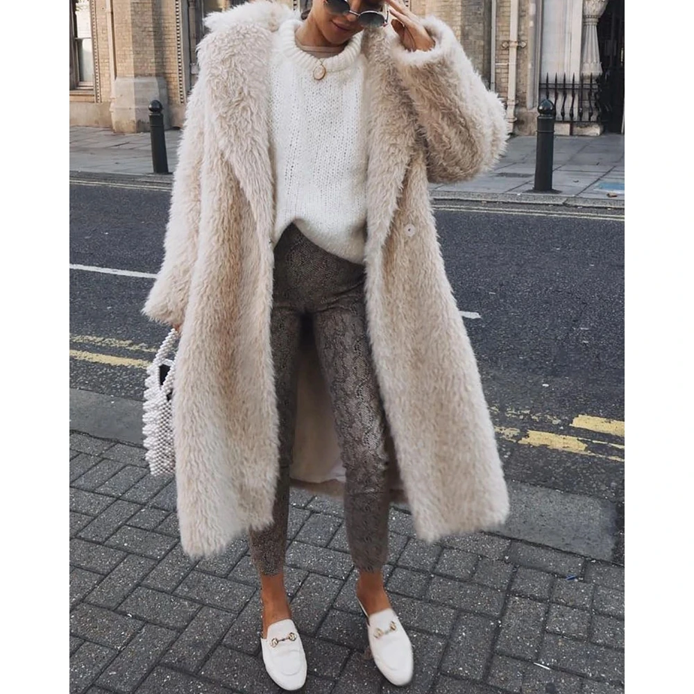 New In Vintage Fashion Women Fluffy Elegant Jackets Autumn Nothched Collar Long Sleeve Deep V Neck Coat Skinny Casual Outfits