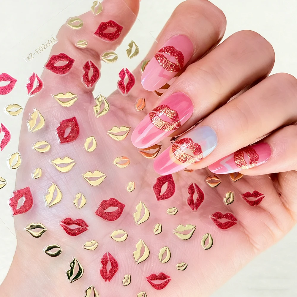 

1Pcs Valentine's Day Bronzing Gold Red Lips Nail Art Stickers Sexy Kiss Lip Nail Decals Self-Adhesive Slider Manicure Decoration