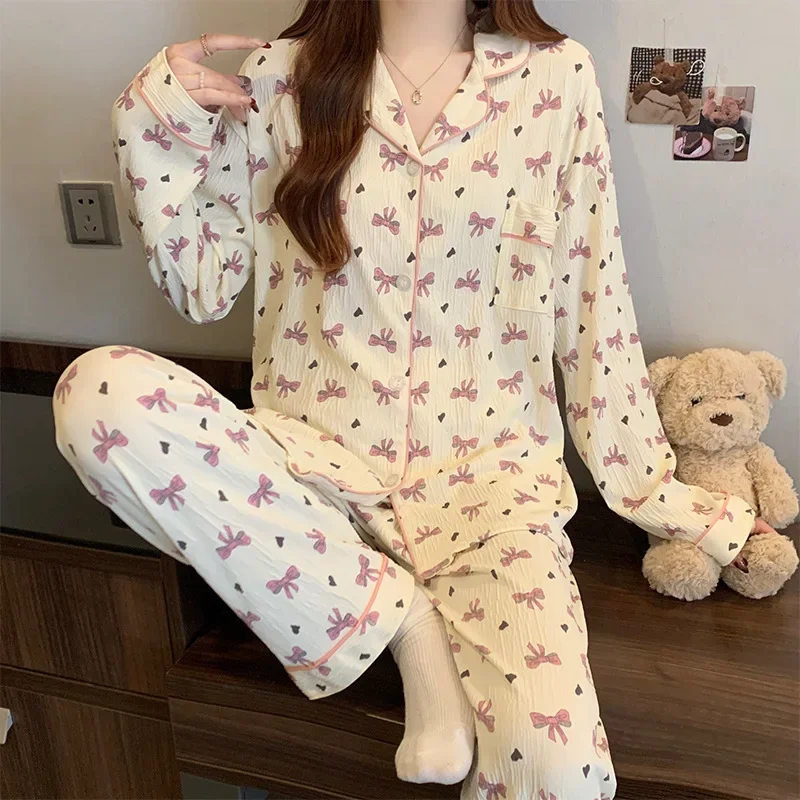 Women Spring Autumn Loose 2/pce Set Pajama Lady Korean-style Wrinkled Fabric Loungewear Long Sleeves Pants Girl Heart Homewear