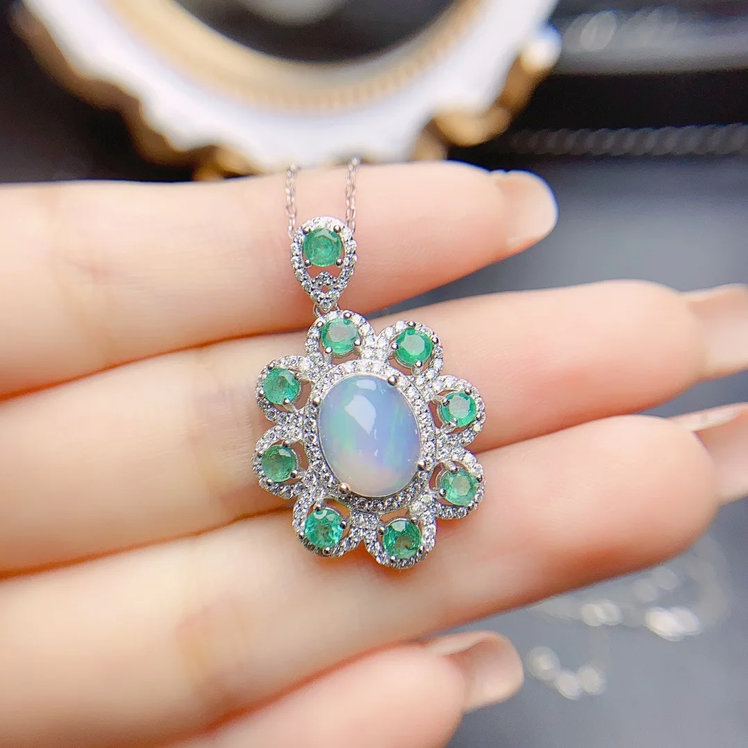 8*10mm+3*3mm Natural Opal & Emerald Pendant Necklace, S925 Sterling Silver Double Gemstone, Unique Jewelry Gift for Women