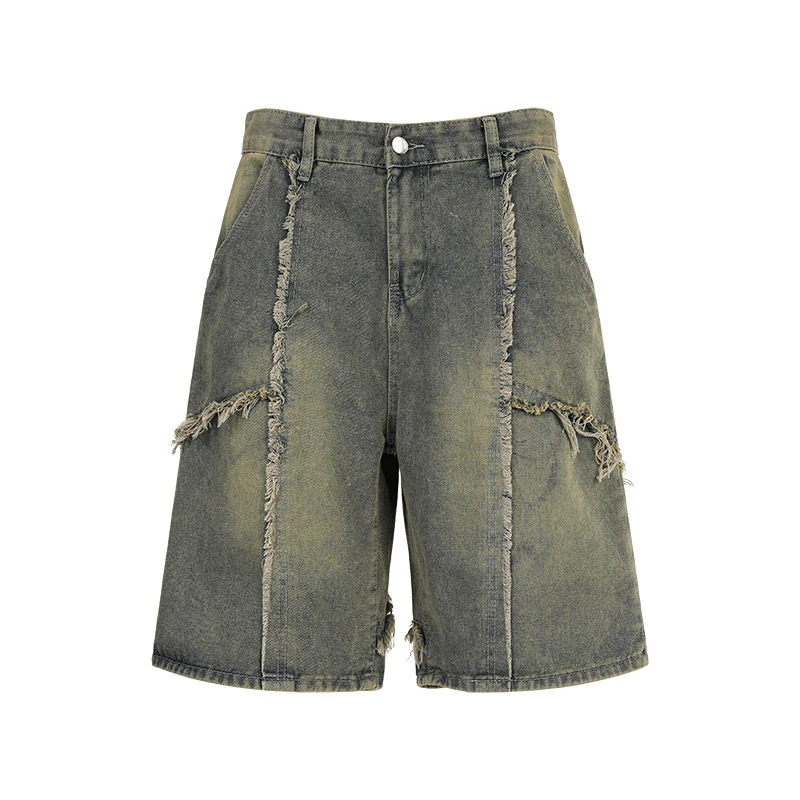 شورت دينم رجالي رائع على الطراز الأمريكي مظهر مهترئ فضفاض بقص مستقيم بخمس دقائق للشباب موضة الصيف