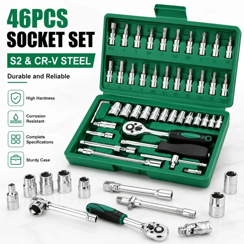 

46Pcs Family Tools 1/4 Set Mechanic Tool Kits for Auto Repair Hous with Sockets Metric Hex Bit Socket Set inch Ratchet Wrench