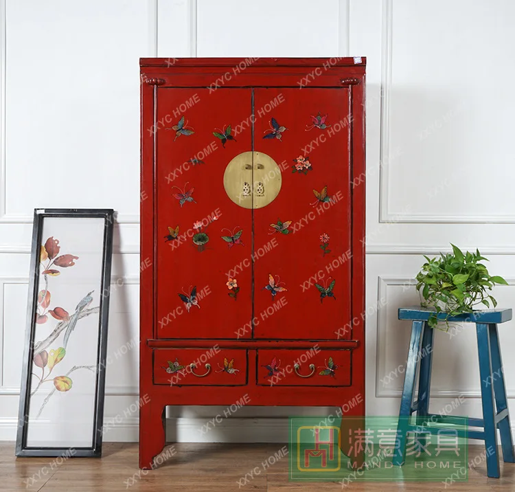 Painted solid wood wardrobe hotel bedroom storage storage wardrobe Ming and Qing classical high cabinet