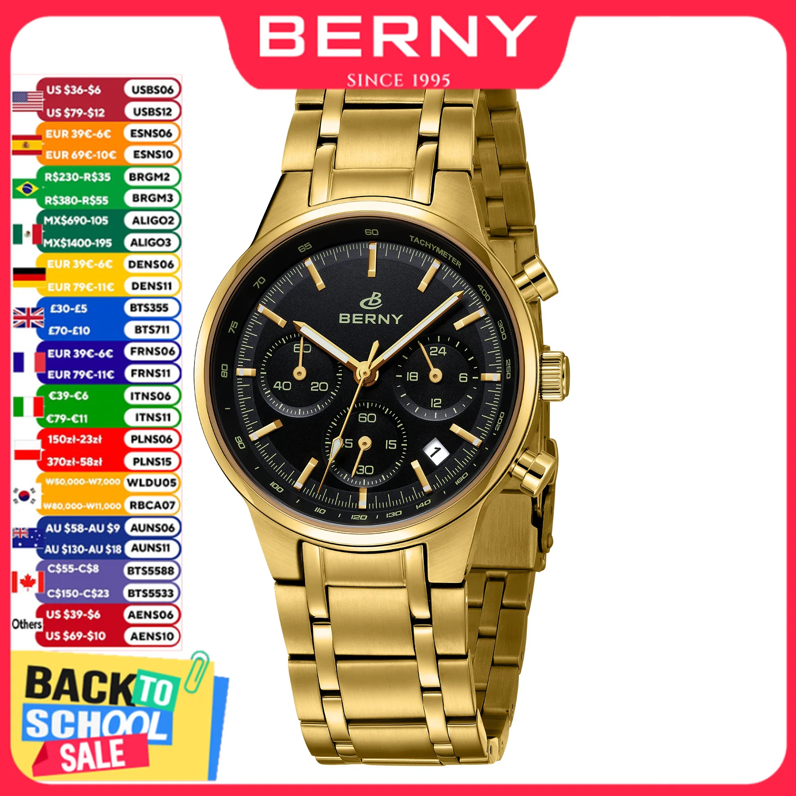 BERNY Top Gold Chronograph Uhr für Herren Panda Zifferblatt Quarz Sport Speed Fashion Saphir Edelstahl Wasserdicht Herrenuhren