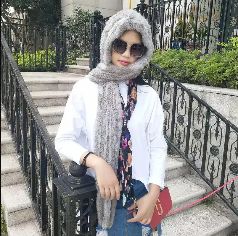 

Женский капюшон-снуд из натурального кроличьего меха, черный зимний теплый шарф,