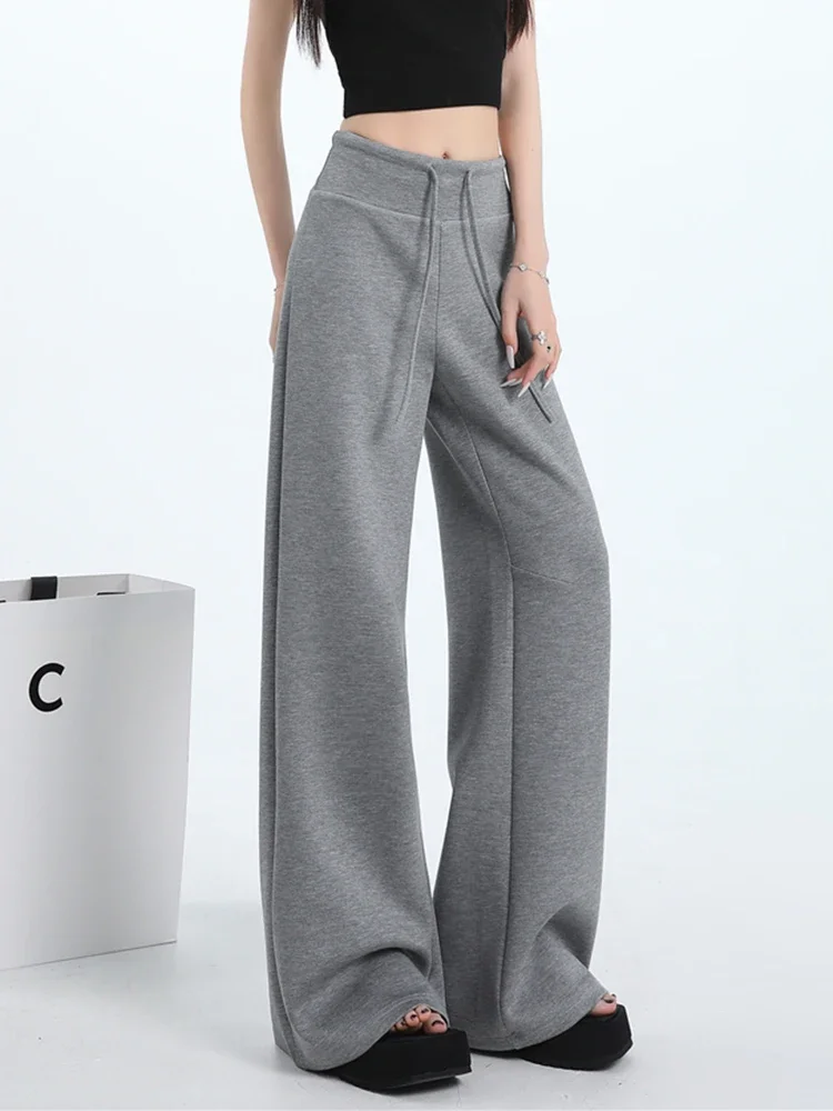 

Корейские модные брюки для женщин с высокой талией, широкие брюки, осенние повседневные прямые свободные брюки, однотонные спортивные брюки.