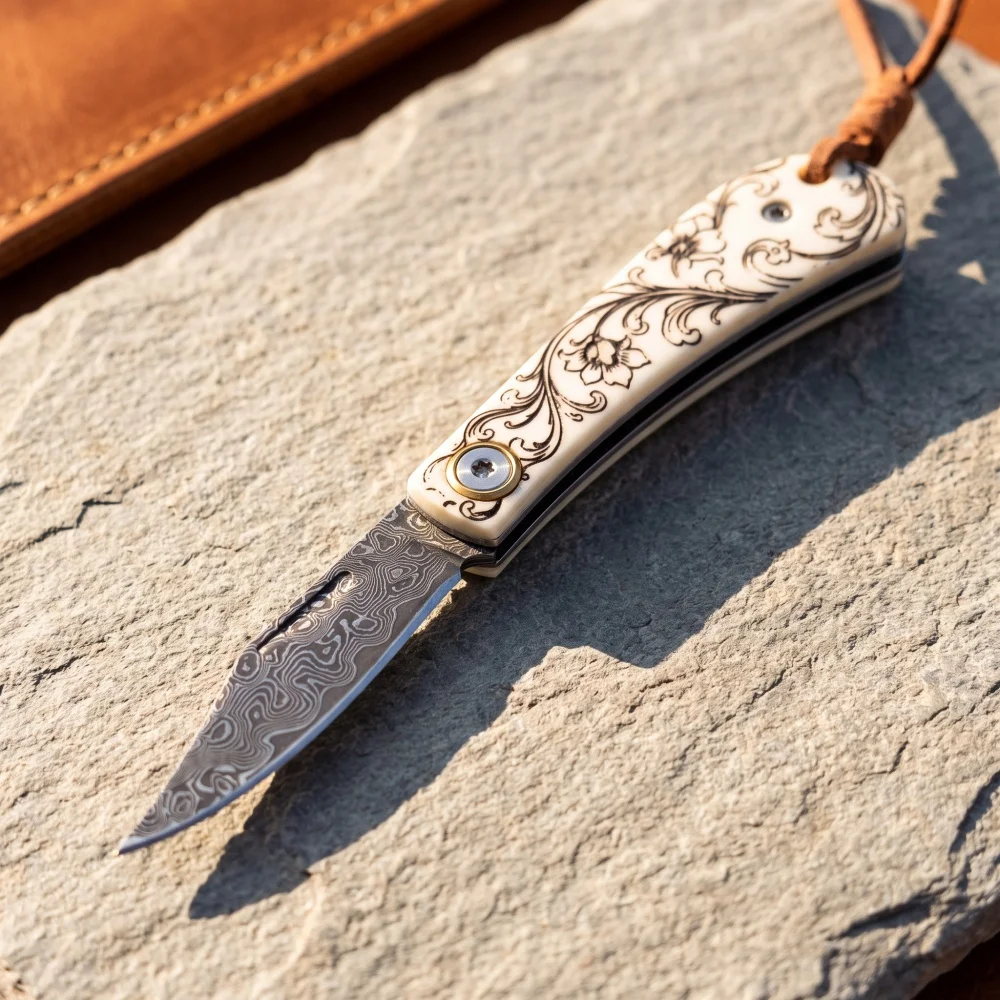 Exquisite Carving Handle Damascus Outdoor Portable Folding Knife with Lanyard Multi-functional Camping Fishing EDC Small Knives