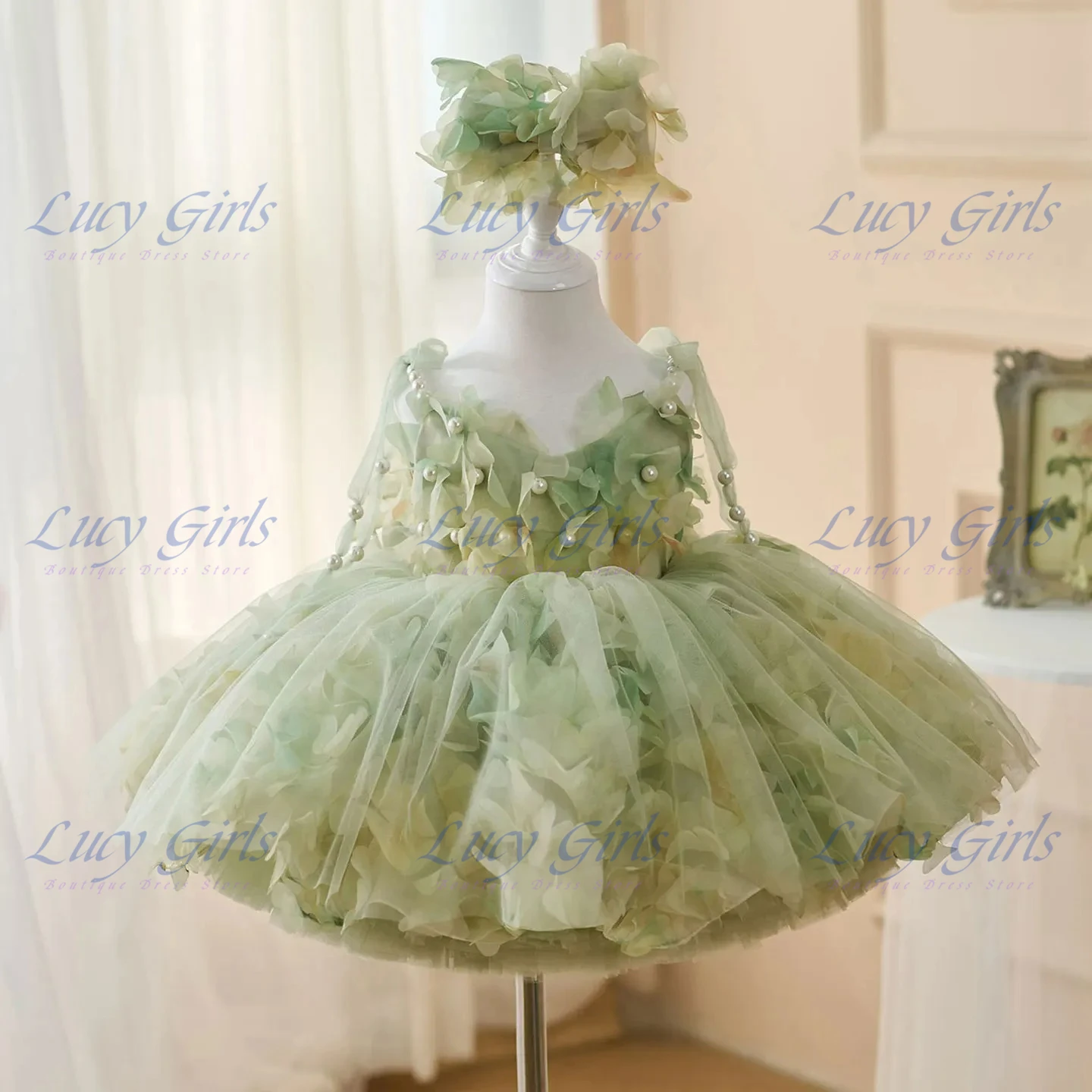 Lovely Quality Sage Green Or Pink Flower Girl Dresses with Hairband Pearls for Baby Kids Wedding 1st Birthday Pageant Party Gown - view 5