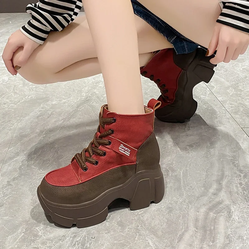 Botas curtas retrô de plataforma feminina, botas casuais com tudo que combina, top alto, novas, primavera e outono, 2022