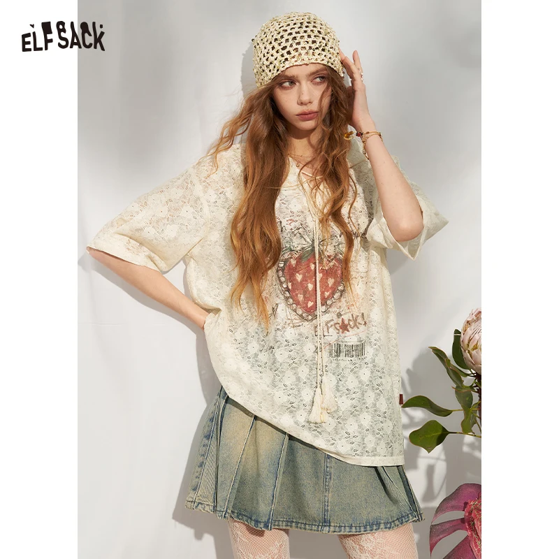 ELFSACK Graffiti Strawberry Print Lace Blouse, V-Neck Adjustable Tie Fringe Top, Gothic Court Sweet Cool Casual Shirt for Women