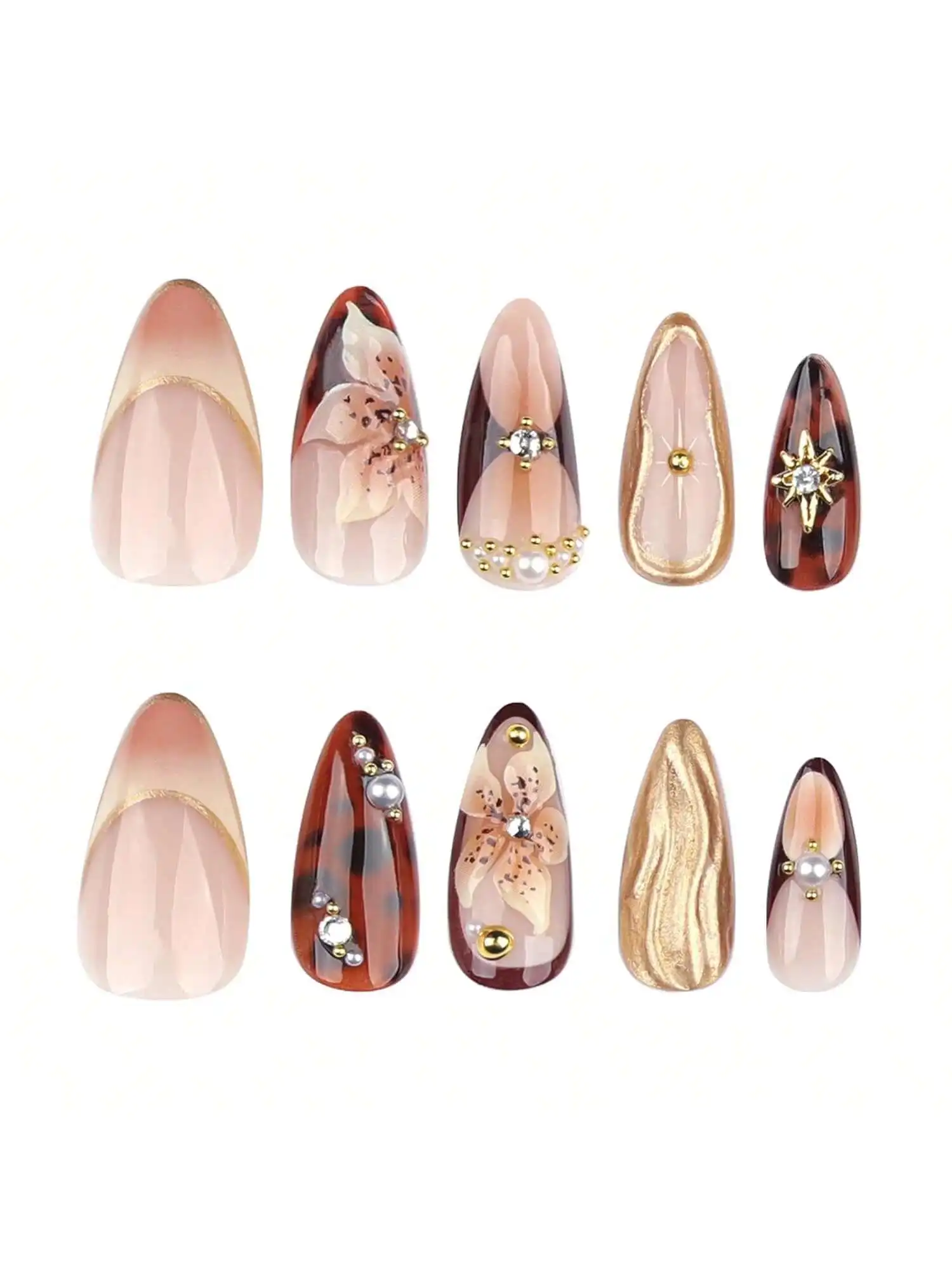 

3D Handmade Press on Nails Brown Almond Fake Nails with Stereoscopic Flower Cross Designs Medium Length French Glue on Nails Glo