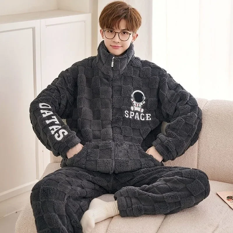 Men's Flannel  Coral Velvet Pajamas Male Youth Warm Loungewear Suit Thicken Larged Size Home Clothing Set Can Be Worn Outside