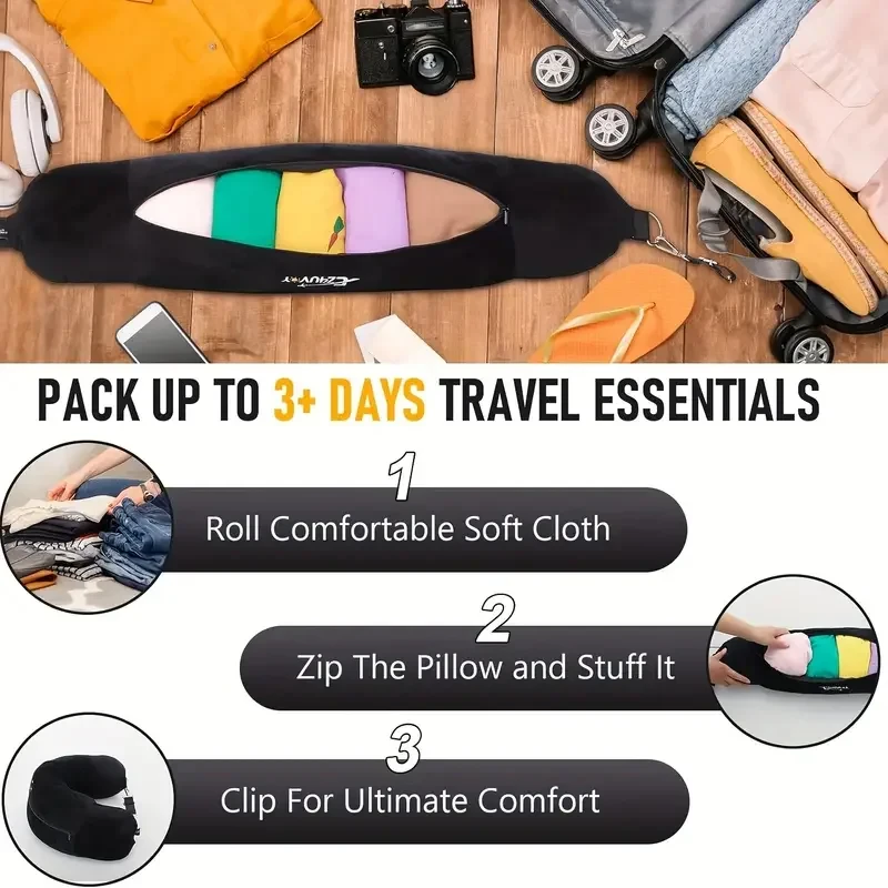 Stuffable Travel Neck Pillow 2-in-1 U Shaped Pillow with Storage Compartment Soft Plush Fillable Pillow Adjustable Clip Carry