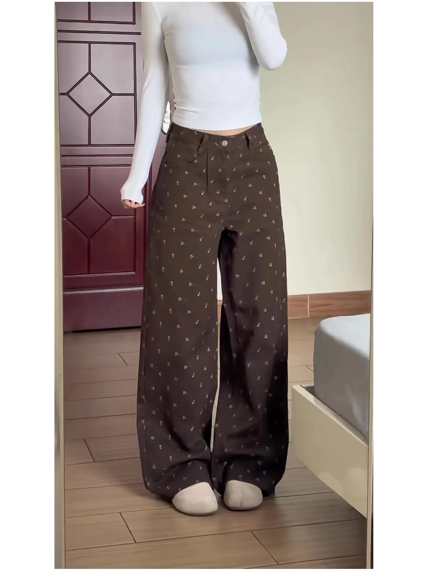 High Waist Floral Print a Brown Denim Jeans Women's Winter New High Street Slimming Long Leggings American Sle Waed