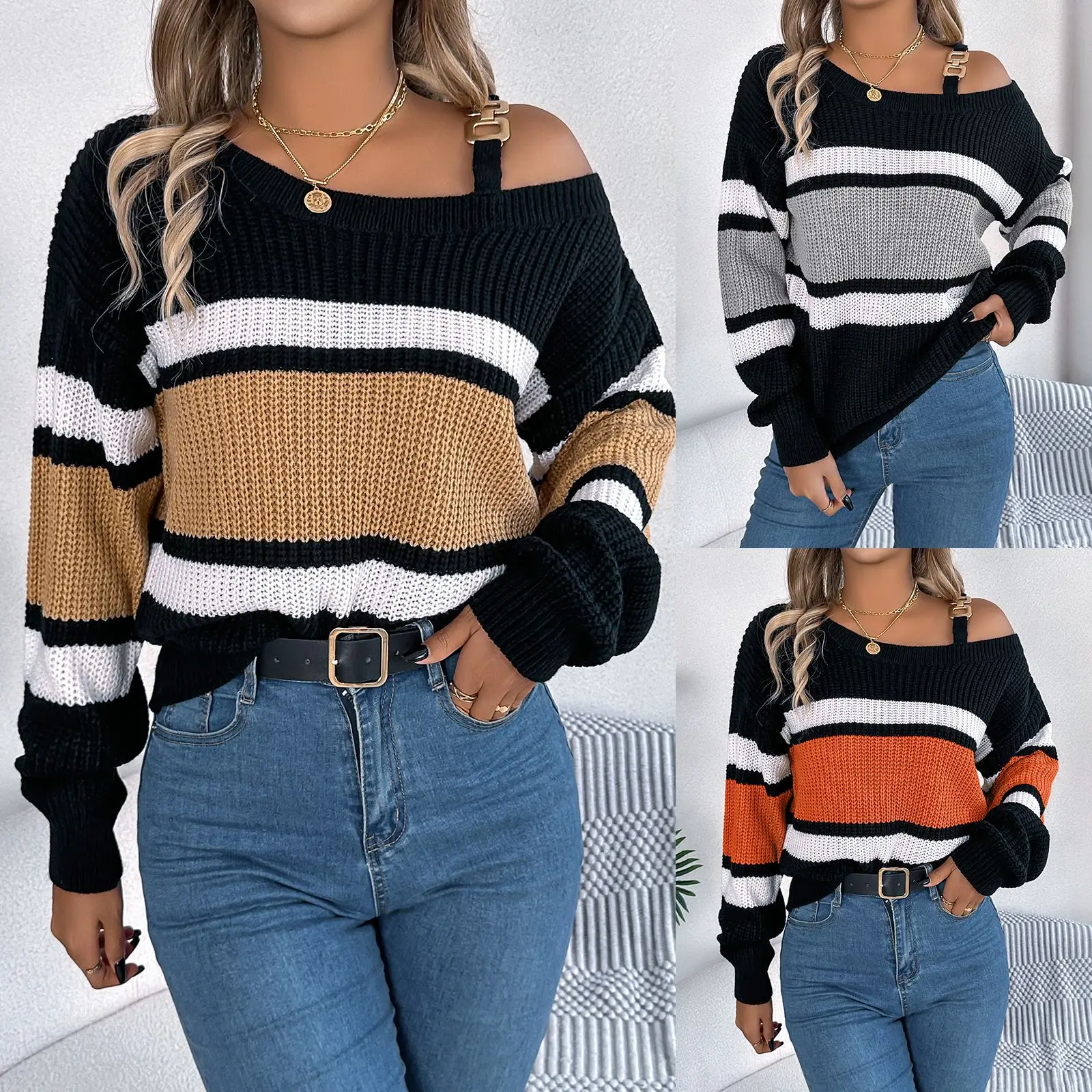 Autumn Winter Casual Contrasting Striped Lantern Sleeve Metal Buckle Off Shoulder Sweater Elegant Women's Long Sleeved Sweater