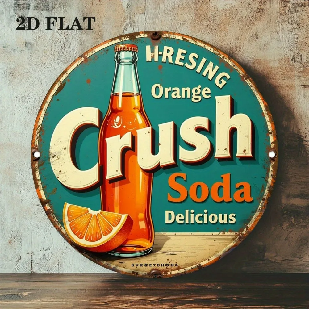 لافتة معدنية مسطحة ثنائية الأبعاد، قطعة واحدة من "HResing Orange Crush Soda" - ديكور عشاء قديم من الخمسينيات من القرن الماضي، أزرق مخضر - فن جداري من الألومنيوم خفيف الوزن