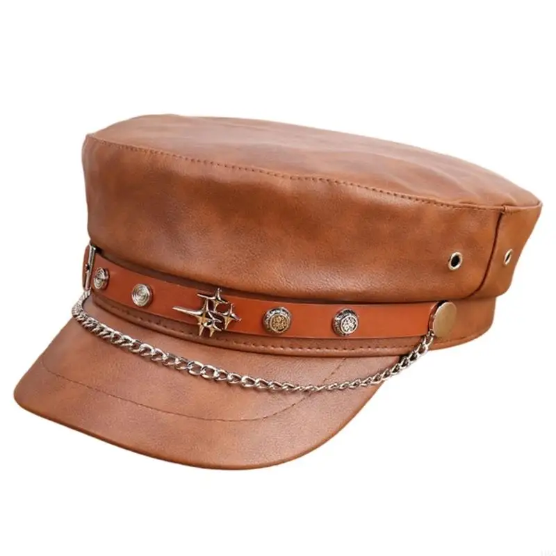 Modern Chain Decorated PU Leather Flat Border Hat Navies for Men and Women 