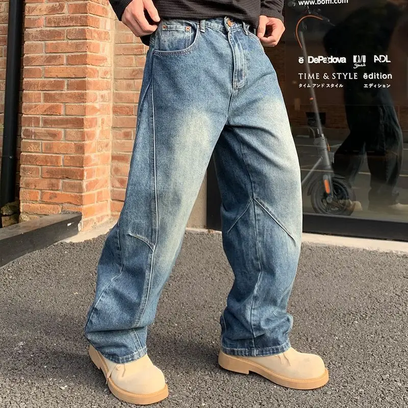 Men's trendy new loose wide leg straight tube versatile American retro vintage made small curved knife casual denim pants