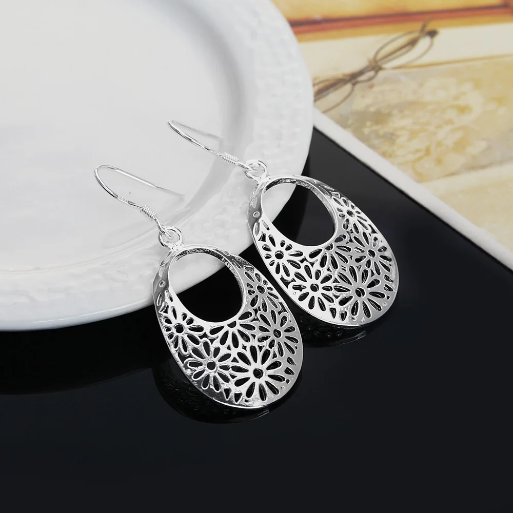 Hot silver color Carved oval Earrings for Women Retro classic Jewelry fashion party wedding Holiday gifts