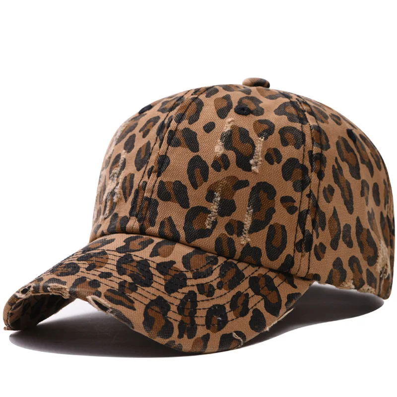 beisebol-com-estampa-de-leopardo-de-algodao-lavado-usado-com-furos-bone-de-bico-de-pato-com-placa-leve-simples