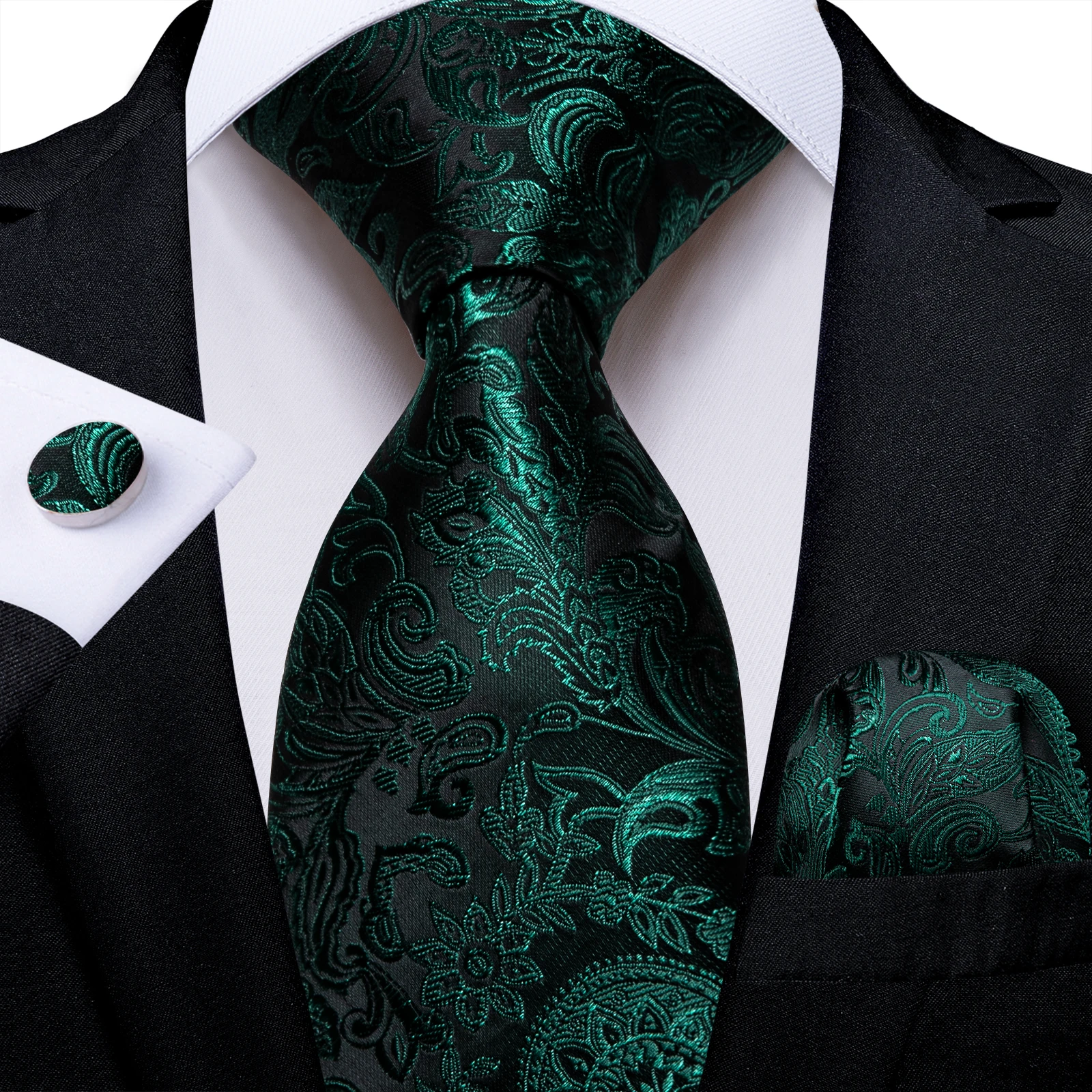 Elegant Men's Tie Handkerchief Cufflinks Green Paisley Silk Jacquard 100% Wedding Accessories Groom Groomsman Necktie Gift