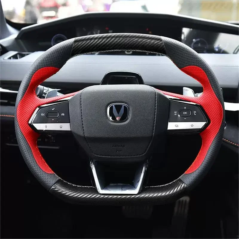 Carbon Fiber Leather for Changan CS55 PLUS UNIV UNIT Hand Sewing Car Steering Wheel Cover Protective Car Accessories Black