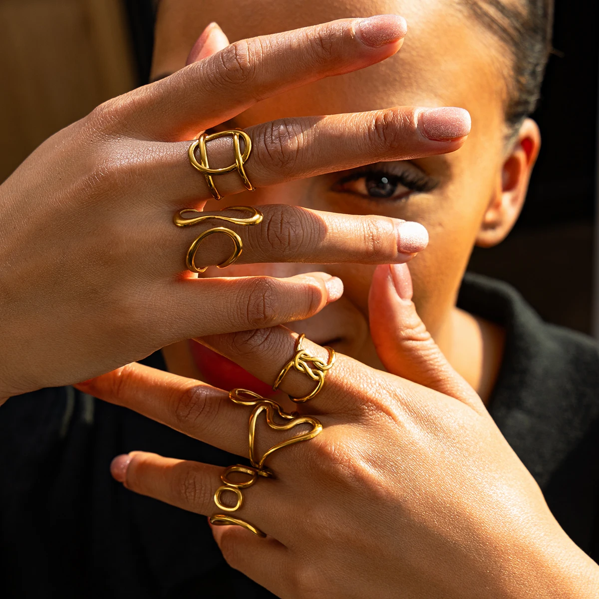 1Pc 14K Gold Plated 316L Stainless Steel Abstract Wire Knot & Wavy Ring Set for Women, Adjustable Fashion Jewelry Rings