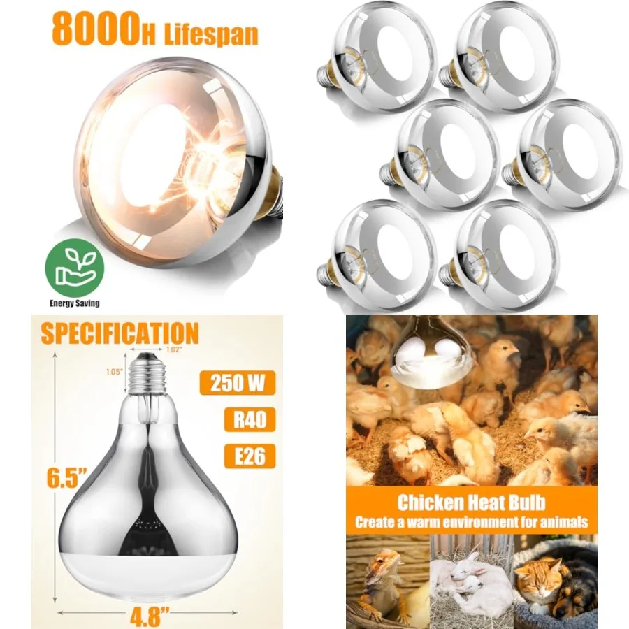 

250W Heat Lamp Bulbs, 8000 Hours Rated, R40 Bathroom Shower Incandescent Light Bulb, Infrared Heating for Chickens, Reptiles, P