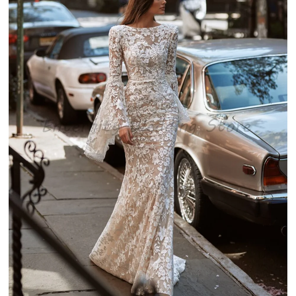 Boat Neck Bell Long Sleeve Lace Mermaid Wedding Dress Sheer Low Back Champagne Floral Lace Appliques Bridal Gown With Train